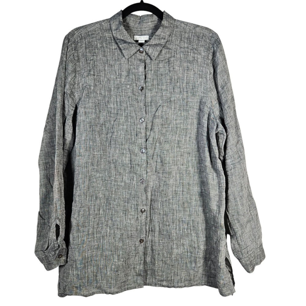 J Jill Love Linen Top Womens L Grey Linen Button Up Minimalist Coastal Office LS